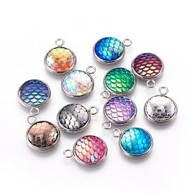 Resin Pendants, with 304 Stainless Steel Finding, Flat Round with Mermaid Fish Scale Shaped