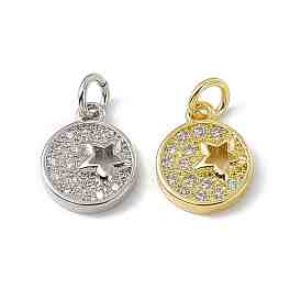 Brass Micro Pave Cubic Zirconia Charms, with Jump Rings, Flat Round with Star Charm