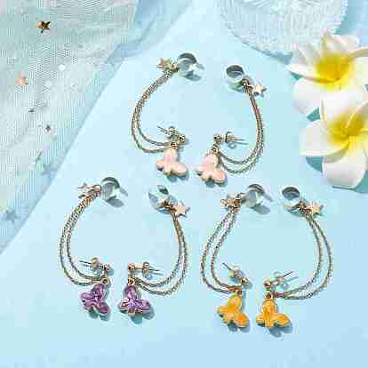6 Pairs 6 Colors Light Gold 304 Stainless Steel Cuff Earring Chains, Star & Butterfly Alloy Enamel Dangle Stud Earrings Crawler Earrings