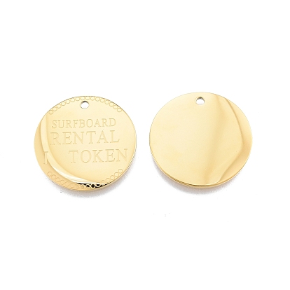 Ion Plating(IP) 304 Stainless Steel Pendants, Flat Round with Word SURFBOARD RENTAL TOKEN