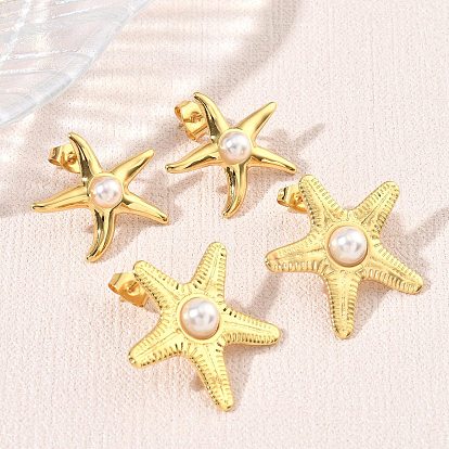 304 Stainless Steel Stud Earrings, Starfish, with ABS Plastic Imitation Pearl