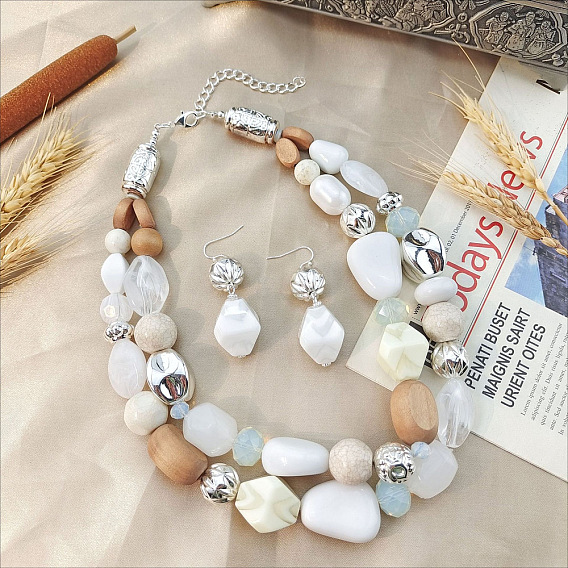 Комплекты из двухслойных ожерелий и висячих серег с деревянными бусинами, со смолой для женщин