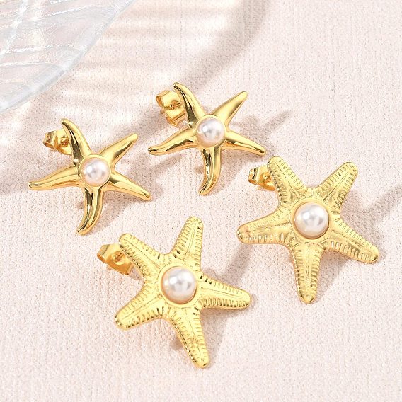 304 boucles d'oreille en acier inoxydable, étoiles de mer, avec abs en plastique imitation perle