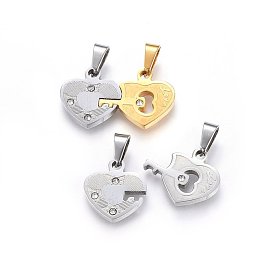 304 inoxydable pendentifs fendus en acier, avec strass, coeur avec clé, avec le mot amour, pour Saint Valentin