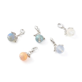 Frosted Glass Pendants, with Zinc Alloy Lobster Claw Clasps and Alloy Wing Beads, Faceted Round, Platinum