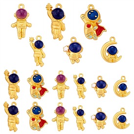 18Pcs 6 Style Rack Plating Alloy Enamel Pendants, with Glitter Powder, Golden, Spaceman