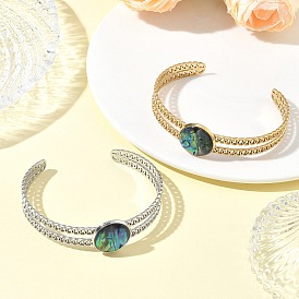 2Pcs 2 Colors Natural Abalone Shell Paua Shell 304 Stainless Steel Open Cuff Bangle Sets with Enamel, Flat Round