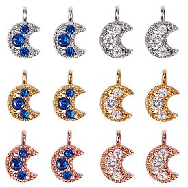 12pcs 6 Colors Brass Charms, with Cubic Zirconia, Lead Free & Cadmium Free & Nickel Free, Moon