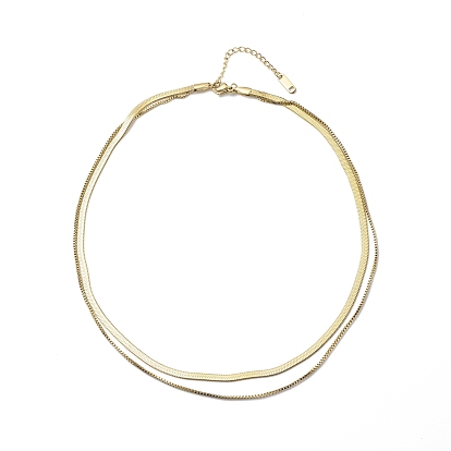304 Stainless Steel Box & Herringbone Chains Double Layer Necklace for Men Women