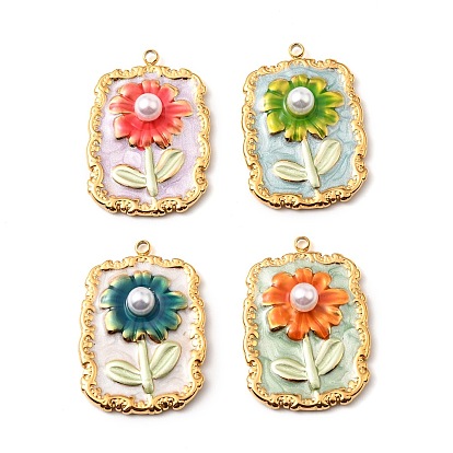 304 нержавеющей стальной эмали подвески, с имитацией жемчуга из АБС, прямоугольник с цветочной подвеской, золотые