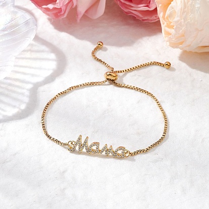 День матери регулируемые 304 браслеты из нержавеющей стали слайдер, Браслеты из латуни с микро-паве из прозрачного кубического циркония для женщин