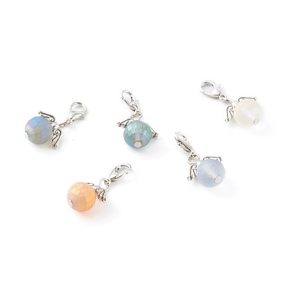 Frosted Glass Pendants, with Zinc Alloy Lobster Claw Clasps and Alloy Wing Beads, Faceted Round, Platinum