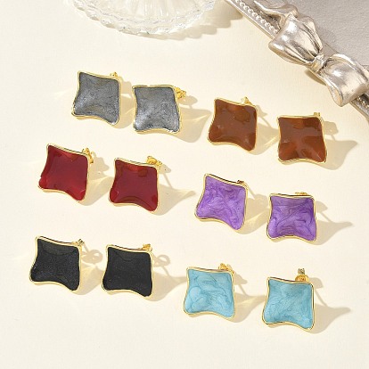 Pendientes de botón de latón esmaltado para mujer, rombo, larga duración plateado, chapado en rack, sin plomo y el cadmio, dorado