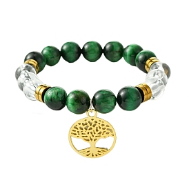 10mm Round Dyed Natural Green Tiger Eye & Acrylic Beaded Stretch Bracelets, Tree of Life Brass Charm Bracelets for Women