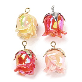 Opaque Resin Pendants, AB Color, Flower Charms with Alloy Leaf