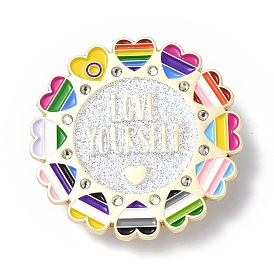 Rainbow Color Pride Heart Enamel Pin with Rhinestone, Light Gold Alloy Word Love Yourself Brooch for Backpack Clothes
