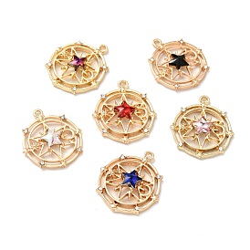 Faceted Glass Pendants, with Light Gold Plated Alloy Findings, Flat Round with Star
