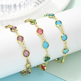 304 Stainless Steel Flat Round Acrylic Rhinestone Cup Chain Anklets for Women, Real 18K Gold Plated