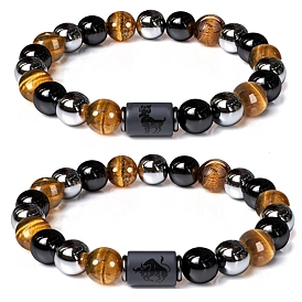 Natural Obsidian & Tiger Eye & Synthetic Hematite Stretch Bracelet, Constellation Theme Bracelet