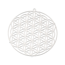 201 Stainless Steel Pendants, Flat Round with Flower Charms, Etched Metal Embellishments