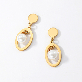 Elegant Classic Stainless Steel Pearl Stud Earrings for Women, Oval