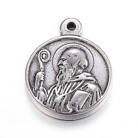 201 Stainless Steel Pendants, Flat Round with Saint Benedict