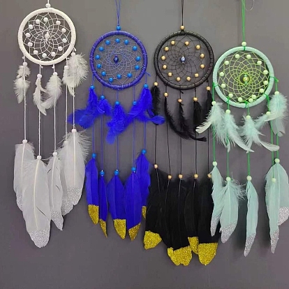 Telaraña/red tejida con adornos colgantes de plumas, Anillo de hierro y cuentas de madera para decoración de pared del dormitorio, sala de estar y hogar