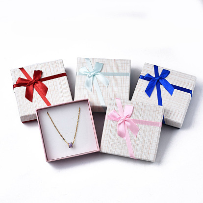 Cardboard Jewelry Set Box, for Necklace, Ring, Earring Packaging, with Bowknot Ribbon Outside and White Sponge Inside, Square