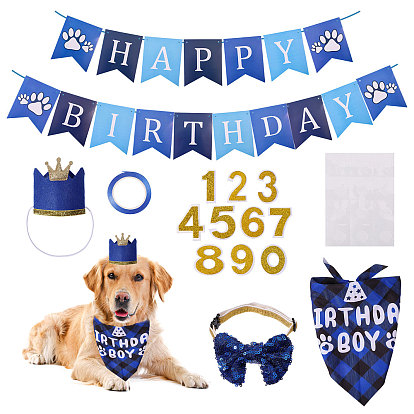 Pet Birthday Party Decorations, indluding Plastic Stickers, Glitter Powder Cloth Patches, Cloth Pet Birthday Bandana, Paper Rectangle Streamer and Cloth Pet Collars