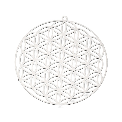 201 Stainless Steel Pendants, Flat Round with Flower Charms, Etched Metal Embellishments
