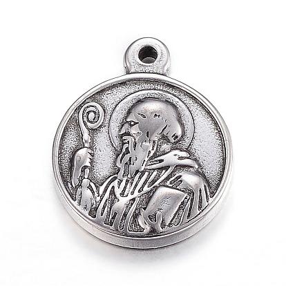 201 Stainless Steel Pendants, Flat Round with Saint Benedict
