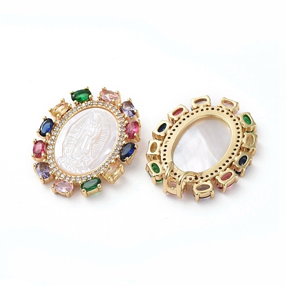 Brass Cubic Zirconia Pendants, Lady of Guadalupe Charms, with Shell, Religion, Oval with Virgin Mary