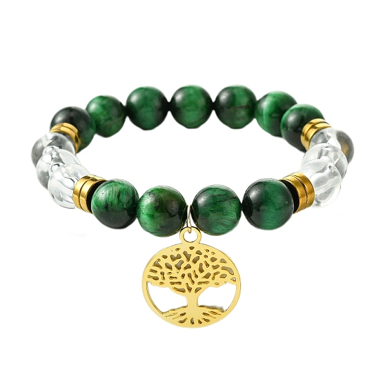 10круглые эластичные браслеты из натурального зеленого тигрового глаза и акриловых бусин диаметром мм., Женские латунные браслеты с подвесками «Древо жизни»