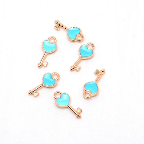 Alloy Enamel Pendants, Key with Heart, Blue