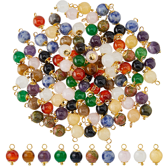 100Pcs 10 Colors Natural Mixed Gemstone Pendants, Round Charms with Brass Findings, Golden, Mixed Dyed and Undyed