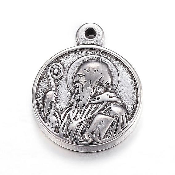 201 Edelstahl Anhänger, flach rund mit saint benedict