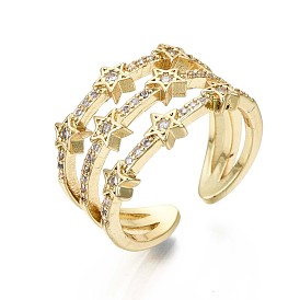 Brass Micro Pave Clear Cubic Zirconia Cuff Rings, Open Rings, Wide Band Rings, Nickel Free, Star