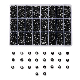 288G 26 Style Black Acrylic Beads, Flat Round with White Letter