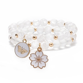 2шт 2 стильные стеклянные круглые браслеты из бисера стрейч набор, браслеты с шармами из сплава эмали в виде бабочек и цветков сливы для женщин