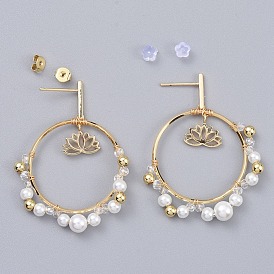 Pendientes colgantes, con perlas de vidrio, anillos de unión de latón y tuercas de plástico, anillo con flor de loto