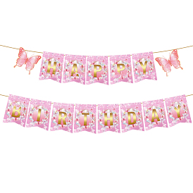 Butterfly Paper Flags, Word Happy Birthday Hanging Banner, for Birthday Party Decorations