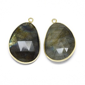 Natural Labradorite Pendants, with Brass Findings, Faceted