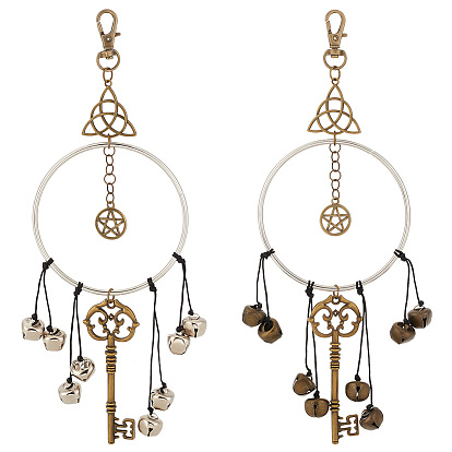 2шт 2 цветные железные ведьмины колокольчики кулон украшения, дверной звонок, с поворотными застежками сплава, ключ и плоский круглый узел со звездой и тройным узлом