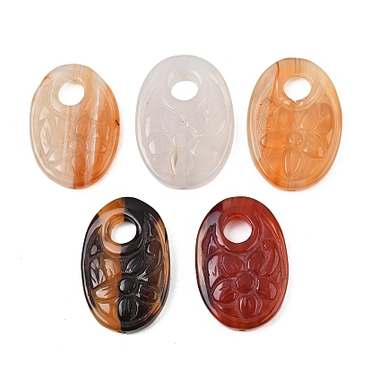 Natural Agate Carved Pendants, Oval with Flower Charms