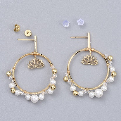 Pendientes colgantes, con perlas de vidrio, anillos de unión de latón y tuercas de plástico, anillo con flor de loto