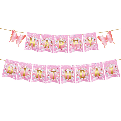 Butterfly Paper Flags, Word Happy Birthday Hanging Banner, for Birthday Party Decorations