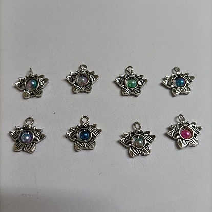 8 pendentifs en alliage de zinc, avec perles en plastique imitation abs, argent antique, lotus