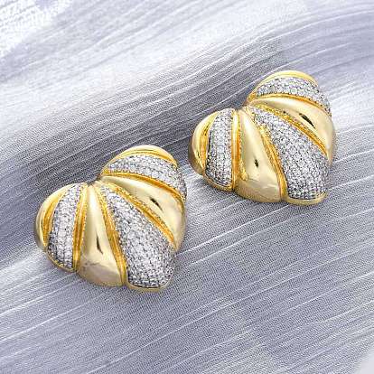 Серьги-гвоздики из латуни с микро-паве и прозрачным фианитом в форме сердца, долговечный, без свинца и без кадмия