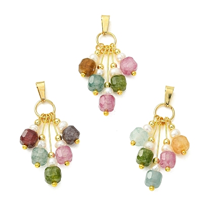Pendentifs en tourmaline multicolore naturelle taillée en cube facetté et en perles de culture d'eau douce naturelles à pompon, Breloques en forme de raisin avec 304 anneaux à pression en acier inoxydable, or
