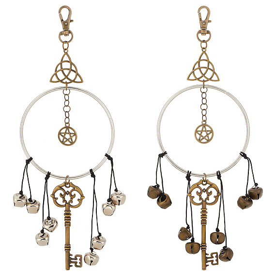 2шт 2 цветные железные ведьмины колокольчики кулон украшения, дверной звонок, с поворотными застежками сплава, ключ и плоский круглый узел со звездой и тройным узлом